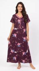 Evolove Alpine Long Nightgown for Women | Wine Purple Floral Printed Maxi Nighty with Pink Lace Neckline & Short Sleeves