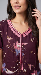 Evolove Alpine Long Nightgown for Women | Wine Purple Floral Printed Maxi Nighty with Pink Lace Neckline & Short Sleeves