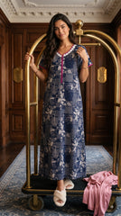 Evolove Alpine Printed Long Nightgown for Women with Front Zipper, Floral Print and Lace Neckline