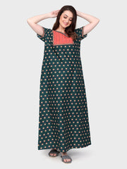 🌸 Evolove Cotton Nighty Maxi for Women Printed Short Sleeves | Full-Length | Side Pocket