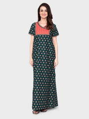 🌸 Evolove Cotton Nighty Maxi for Women Printed Short Sleeves | Full-Length | Side Pocket