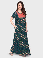 🌸 Evolove Cotton Nighty Maxi for Women Printed Short Sleeves | Full-Length | Side Pocket