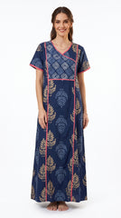 Evolove Cotton Nighty Maxi for Women | Printed Short Sleeves | Full-Length | Side Pocket