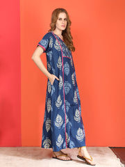 🌸 Evolove Cotton Nighty Maxi for Women Printed Short Sleeves | Full-Length | Side Pocket