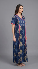 Evolove Cotton Nighty Maxi for Women | Printed Short Sleeves | Full-Length | Side Pocket