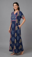 Evolove Cotton Nighty Maxi for Women | Printed Short Sleeves | Full-Length | Side Pocket