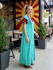 Evolove Cotton Nighty Maxi for Women with Side Pocket | Printed Short Sleeves Full Length Night Wear Gown