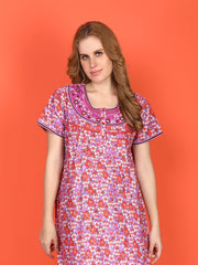 🌸 Evolove 100% Cotton Nighty with Embroidery Maxi for Women Printed Short Sleeves | Full-Length | Side Pocket