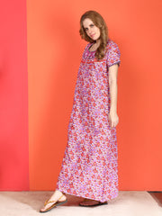 🌸 Evolove 100% Cotton Nighty with Embroidery Maxi for Women Printed Short Sleeves | Full-Length | Side Pocket
