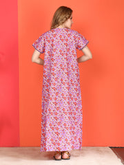 🌸 Evolove 100% Cotton Nighty with Embroidery Maxi for Women Printed Short Sleeves | Full-Length | Side Pocket