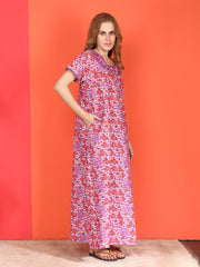 🌸 Evolove 100% Cotton Nighty with Embroidery Maxi for Women Printed Short Sleeves | Full-Length | Side Pocket