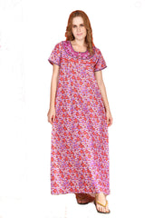 🌸 Evolove 100% Cotton Nighty with Embroidery Maxi for Women Printed Short Sleeves | Full-Length | Side Pocket