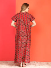 🌸 Evolove Cotton Nighty Maxi for Women Printed Short Sleeves | Full-Length | Side Pocket