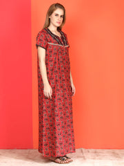 🌸 Evolove Cotton Nighty Maxi for Women Printed Short Sleeves | Full-Length | Side Pocket