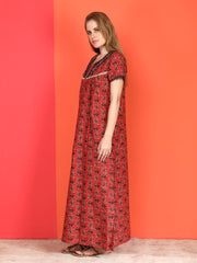 🌸 Evolove Cotton Nighty Maxi for Women Printed Short Sleeves | Full-Length | Side Pocket