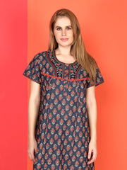 🌸 Evolove Cotton Nighty Maxi for Women Printed Short Sleeves | Full-Length | Side Pocket