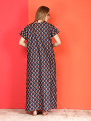 🌸 Evolove Cotton Nighty Maxi for Women Printed Short Sleeves | Full-Length | Side Pocket