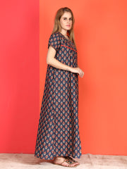 🌸 Evolove Cotton Nighty Maxi for Women Printed Short Sleeves | Full-Length | Side Pocket