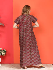 🌸 Evolove Cotton Nighty Maxi for Women Printed Short Sleeves | Full-Length | Side Pocket