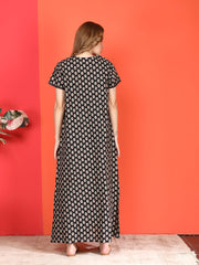 🌸 Evolove Cotton Nighty Maxi for Women Printed Short Sleeves | Full-Length | Side Pocket