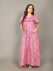 🌸 Evolove Cotton Nighty Maxi for Women Printed Short Sleeves | Full-Length | Side Pocket