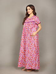 🌸 Evolove Cotton Nighty Maxi for Women Printed Short Sleeves | Full-Length | Side Pocket