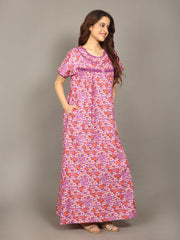 🌸 Evolove Cotton Nighty Maxi for Women Printed Short Sleeves | Full-Length | Side Pocket