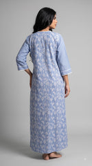 Evolove x Farasha Butterfly Cotton Maxi Nightdress for Women | Flared Long Nightgown with 3/4 Sleeves | Soft & Comfortable Cotton Nightwear ( LNGCO3550SB )