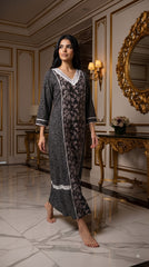 Evolove x Farasha Butterfly Cotton Maxi Nightdress for Women | Flared Long Nightgown with 3/4 Sleeves | Soft & Comfortable Cotton Nightwear ( LNGCO3551BK )
