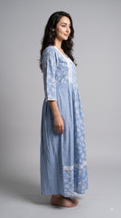 Evolove x Farasha Butterfly Cotton Maxi Nightdress for Women | Flared Long Nightgown with 3/4 Sleeves | Soft & Comfortable Cotton Nightwear ( LNGCO3552LB )