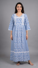 Evolove x Farasha Butterfly Cotton Maxi Nightdress for Women | Flared Long Nightgown with 3/4 Sleeves | Soft & Comfortable Cotton Nightwear ( LNGCO3552LB )