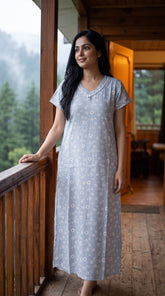 Evolove X Venus Women's Premium Soft Rayon Slub Fabric Long Nightgown | Breathable Lightweight Printed Nighty | Half Sleeve Comfortable Sleepwear & Loungewear (LNGRS3533LB )