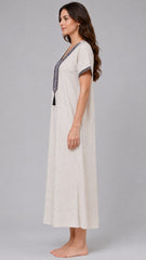Women 100% Pure Rayon Embroidered Long Nightgown | Full Length Maxi Nighty | Soft Breathable Sleepwear with Pocket