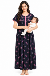 Evolove Women's Zero Polyester Maternity Feeding Nighty with Front Open Zipper | Feather-Soft Skin-Friendly Breathable Viscose Fabric (LNGRY3541BKM)