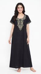Women's Designer Kashmiri Embroidered Long Nightgown | Premium Bizzy Lizzy Fabric | Full Length Maxi Nighty | Soft, Breathable & Comfortable Sleepwear | Daily Wear & Lounge Wear