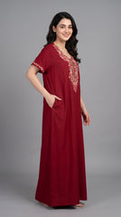 Women's Designer Kashmiri Embroidered Long Nightgown | Premium Bizzy Lizzy Fabric | Full Length Maxi Nighty | Soft, Breathable & Comfortable Sleepwear | Daily Wear & Lounge Wear
