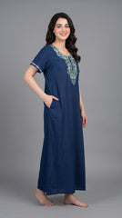 Women's Designer Kashmiri Embroidered Long Nightgown | Premium Bizzy Lizzy Fabric | Full Length Maxi Nighty | Soft, Breathable & Comfortable Sleepwear | Daily Wear & Lounge Wear