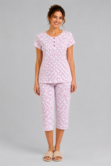 Evolove X Venus Women's Premium Soft Double Cloth Fabric Capri Set | Ultra Soft Breathable Printed Night Suit | Half Sleeve Top & Capri Bottom | Everyday Loungewear & Sleepwear ( NCSDC3524PK)