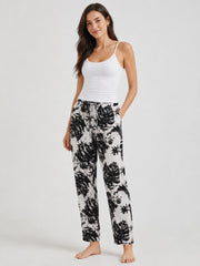 Women’s Black & White Floral Rayon Pajama | Soft Lounge Wear | Elastic Waist | Side Pockets