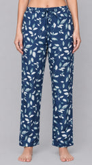 Women’s Blue Leaf Printed Rayon Pajama | Soft Lounge Wear | Elastic Waist | Side Pockets