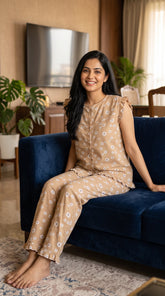 Evolove X Venus Women's Premium Soft Rayon Slub Fabric Pajama Set | Half Sleeve Printed Top & Full-Length Pajama | Breathable Night Suit, Loungewear & Sleepwear ( NPSRS3534CB )