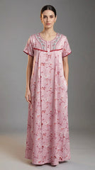 Alpine Designer Long embroidered Nighty for Women with Side Pocket | Soft Breathable Fabric | Printed Maxi Nighty | Comfortable Daily Wear