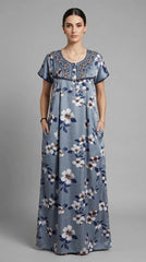 Alpine Designer Long Embroidered Nighty for Women with Side Pocket | Soft Breathable Fabric | Printed Maxi Nighty | Comfortable Daily Wear