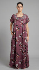 Alpine Designer Embroidered Long Nighty for Women with Side Pocket | Soft Breathable Fabric | Printed Maxi Nighty | Comfortable Daily Wear