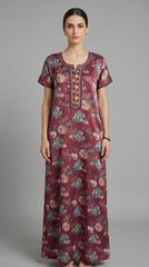 Alpine Long Nightgown with Embroidery for Women with Side Pocket | Soft Breathable Fabric | Printed Maxi Nighty | Comfortable Daily Wear