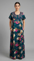 Alpine Designer Long Nightgown with Embroidery for Women with Side Pocket | Soft Breathable Fabric | Printed Maxi Nighty | Comfortable Daily Wear