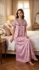 Alpine Designer Long embroidered Nighty for Women with Side Pocket | Soft Breathable Fabric | Printed Maxi Nighty | Comfortable Daily Wear