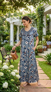 Alpine Designer Long Embroidered Nighty for Women with Side Pocket | Soft Breathable Fabric | Printed Maxi Nighty | Comfortable Daily Wear