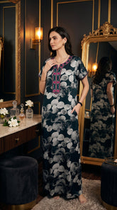 Alpine Designer Long Nightgown with Embroidery for Women with Side Pocket | Soft Breathable Fabric | Printed Maxi Nighty | Comfortable Daily Wear