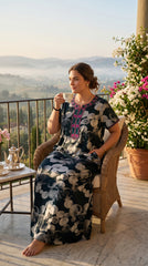Alpine Designer Long Nightgown with Embroidery for Women with Side Pocket | Soft Breathable Fabric | Printed Maxi Nighty | Comfortable Daily Wear